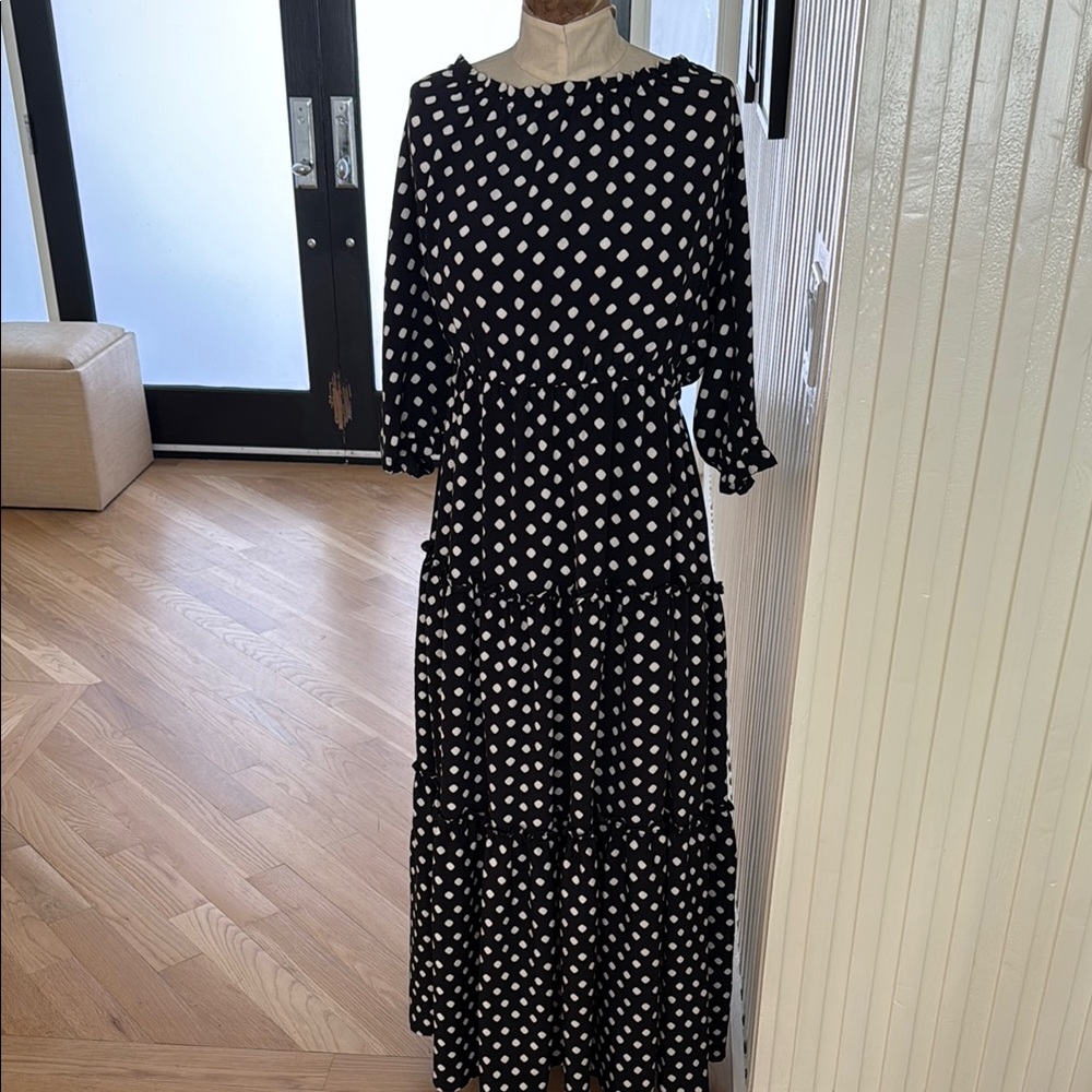 Melissa Masse- Silk Polka Dot Black and white floor length dress size medium